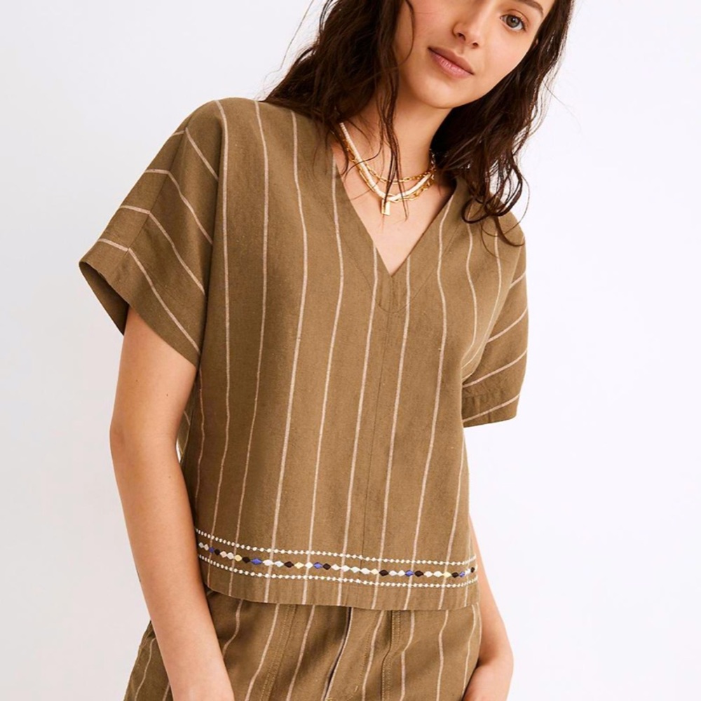 Madewell Embroidered Linen-Cotton V-Neck Top / X-LARGE / OLIVE TREE